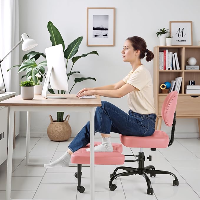 Homall Ergonomic Cross Legged Office Desk Chair with Wheels, 360° Swivel and Adjustable Height for Meditation and ADHD,Criss Cross Kneeling Chair with Lumbar Support (Leather, Pink)