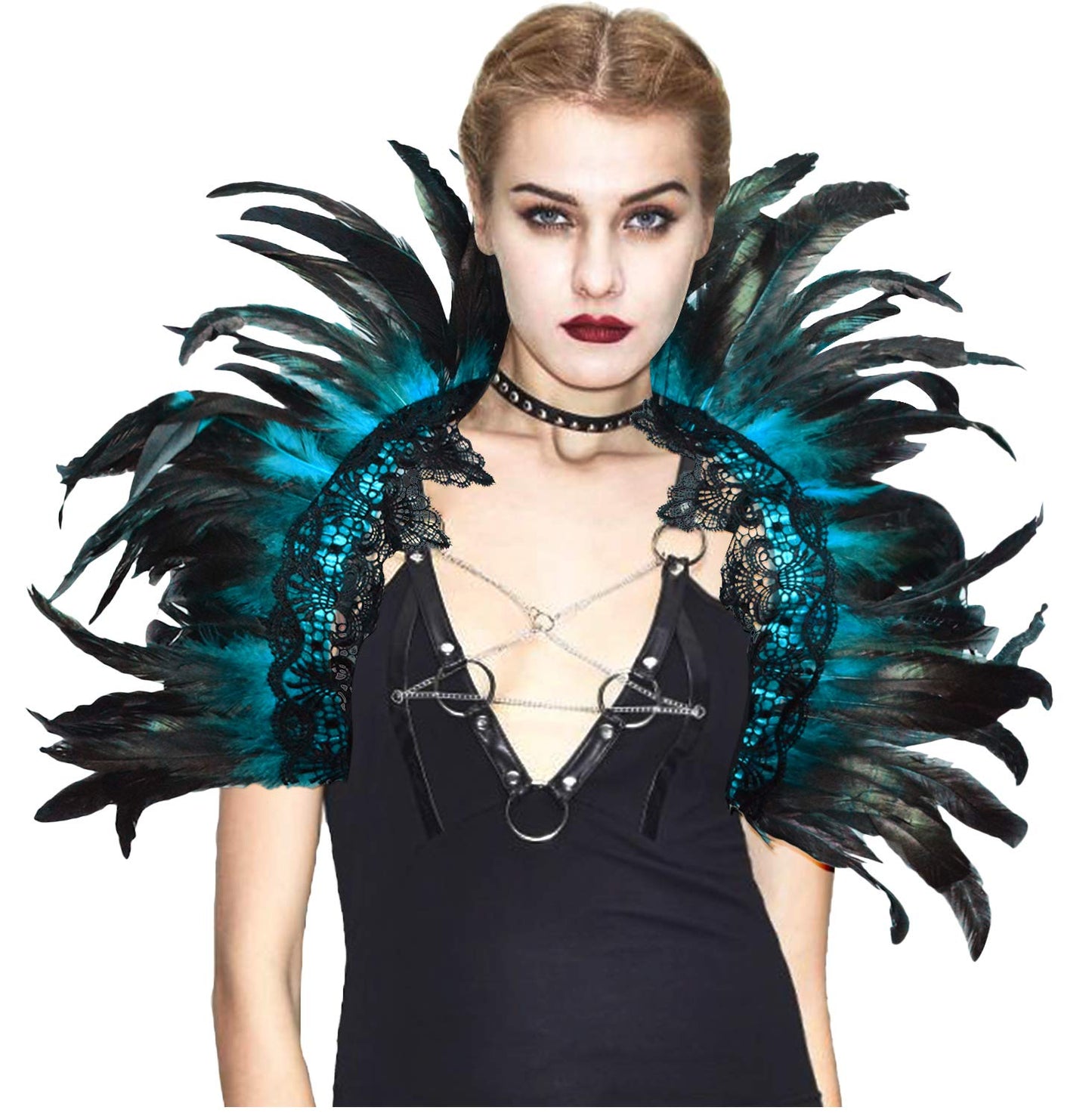 L'VOW Black Crow Feather Cape Shawl Stand Up Collar Halloween Devil Wings Witch Costume (Acid blue)