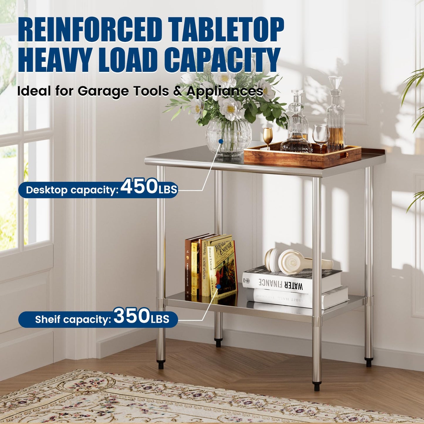 Chingoo Stainless Steel Work Table 24x36 Inch with Adjustable Undershelf & Backsplash, Heavy-Duty Prep Table for Commercial Kitchen, Restaurant, Garage, Outdoor