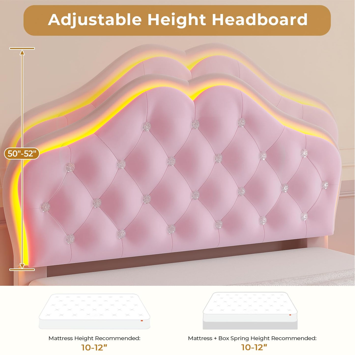 ADORNEVE Twin Size Upholstered LED Bed Frame, Girls Bed with Adjustable Crystal Button Headboard, Velvet Princess Platform Bed for Girls, Solid Wooden Slats, Easy Assembly, Pink