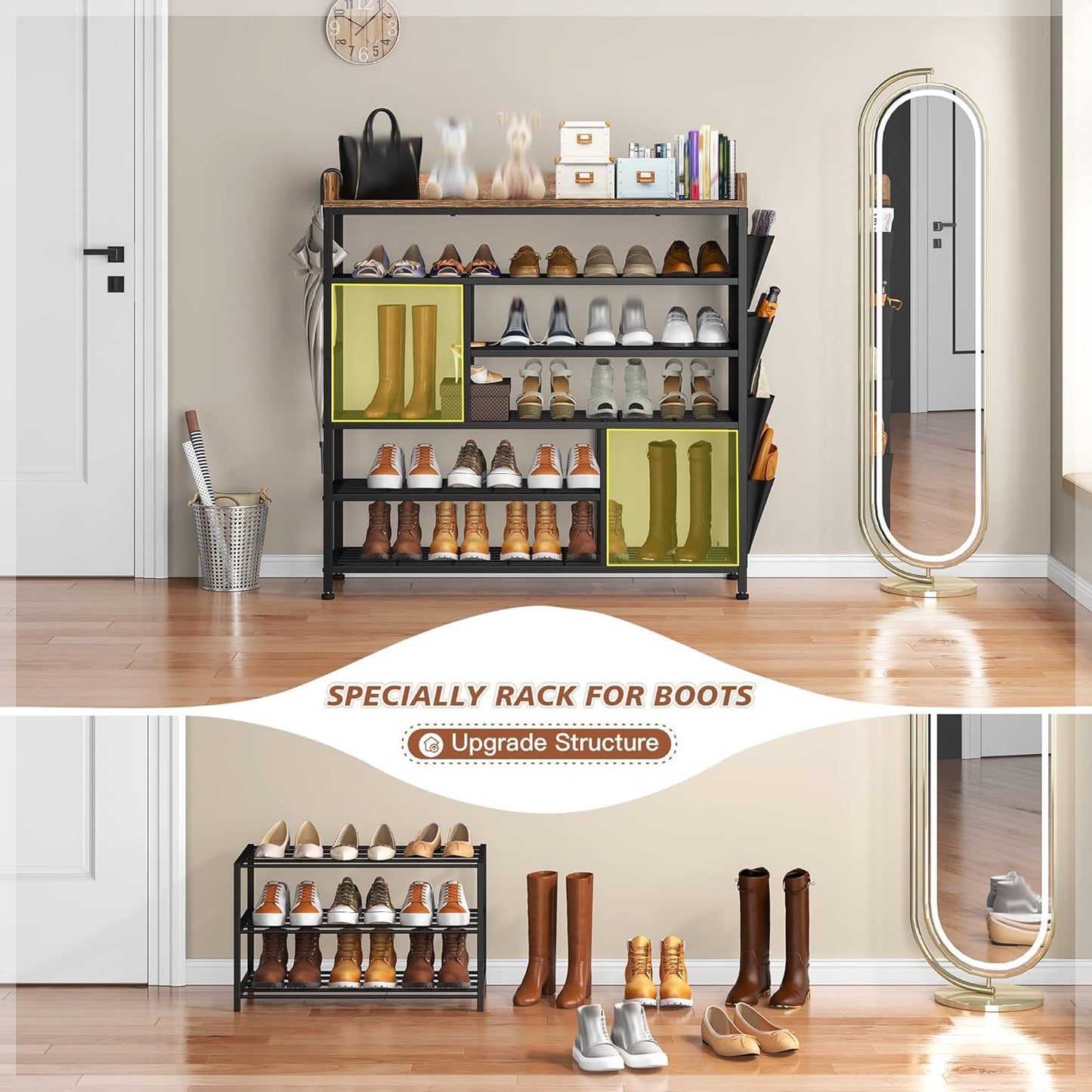 EnHomee Metal Shoe Rack for Entryway, 6 Tier Shoe Storage Organizer Holds 22 Pairs, Wooden Top and Side Pocket for Entry, Entrance, Hallway, Black