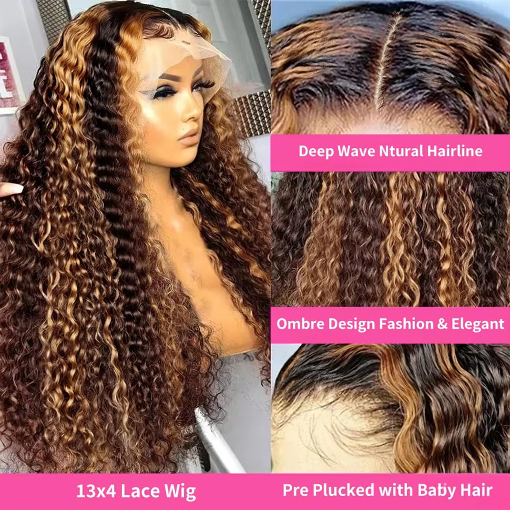 KFgood Ombre Lace Front Wig Human Hair 24inch Highlight 13x4 HD Deep Wave Wig Human Hair 200% Density 4/27 Colored Honey Blonde