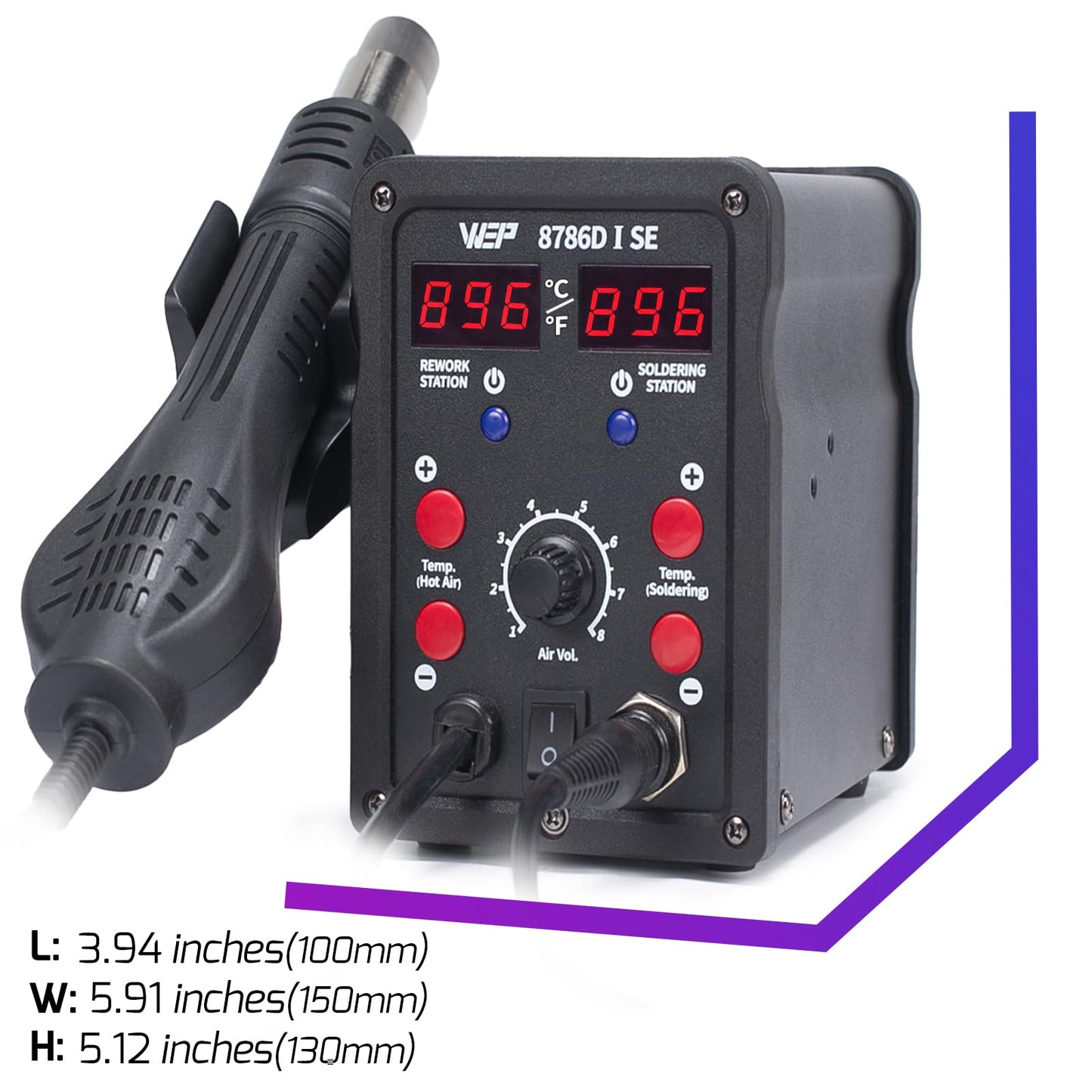 WEP 8786D-I SE Hot Air Soldering Iron Station Kit 2-IN-1 for Rework, Desoldering with Lead-Free Solder Wire, 5 Soldering Tips, 3 Hot Air Nozzles,Tweezers, Desoldering Pump