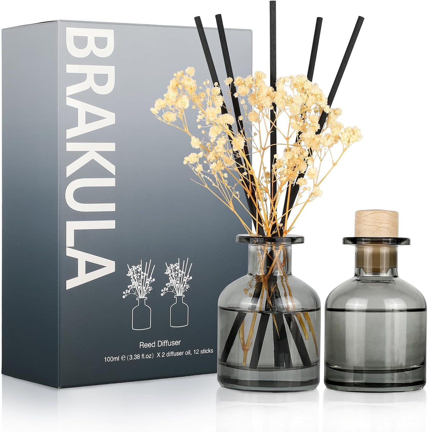Brakula 2 Pack Reed Diffuser, Bamboo + Eucalyptus & Wild Mint (3.38 fl oz Each Pack), Home Fragrance with 12 Sticks,Bathroom Decor, Reed diffusers for Home