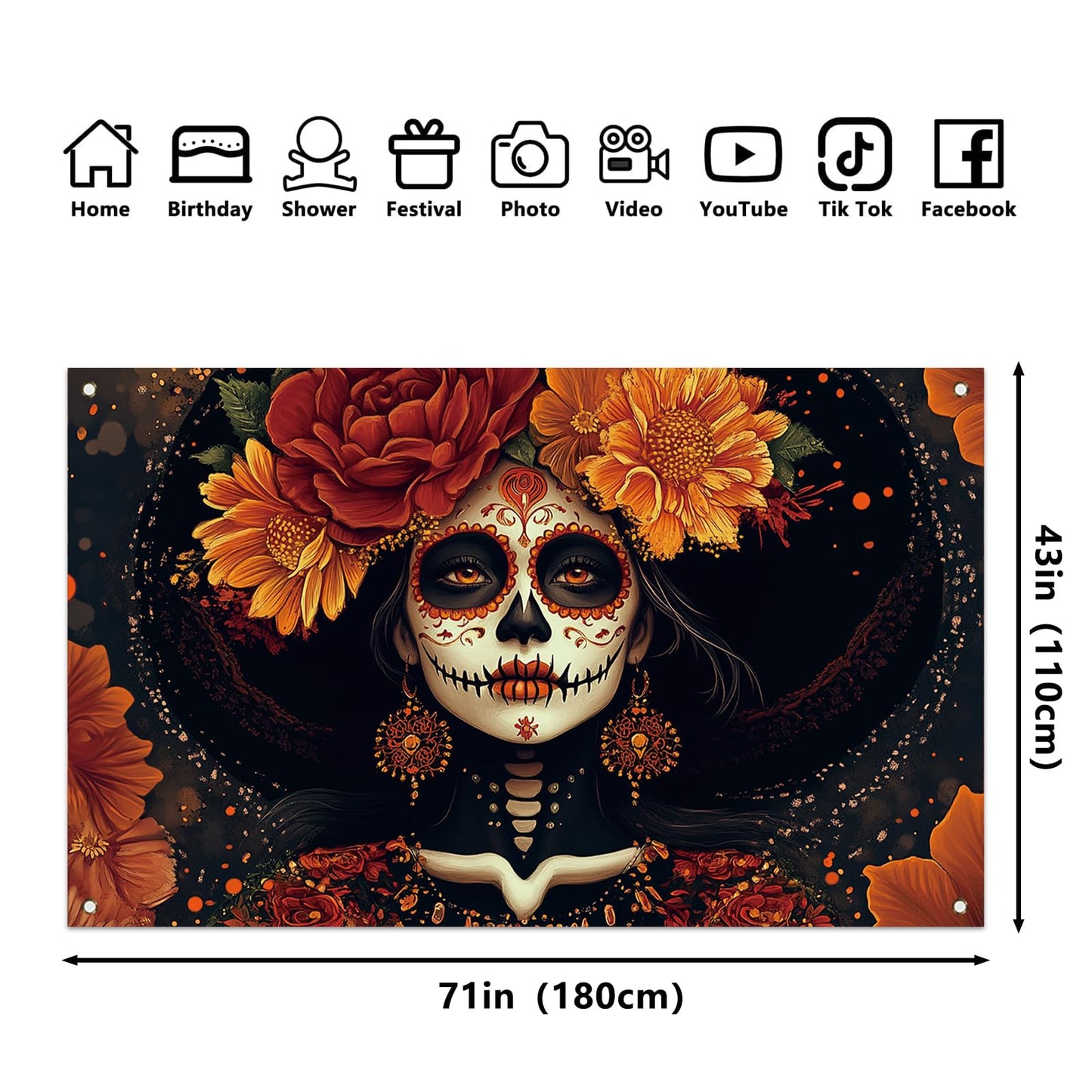 Dia De Los Muertos Backdrop for Photography Day of The Dead Banner Gothic Halloween Mexican Fiesta Sugar Skull Decorations and Supplies for Home Altar Ofrenda