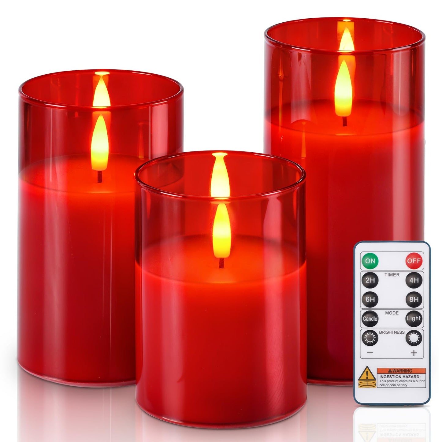 Homemory Red Glass Flameless Candles, Battery Operated LED Pillar Candles with Remote Control and Timer, Radiance Candles, Real Wax, Set of 3,D3 xH4 5" 6"