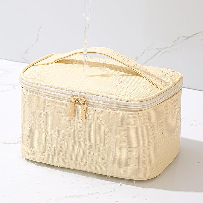 Meiyuuo Makeup Bag Large Cosmetic Bags for Women Girls Cute Travel Zipper Pouch Toiletry Organizer for Beauty Essentials Waterproof (Light Beige)
