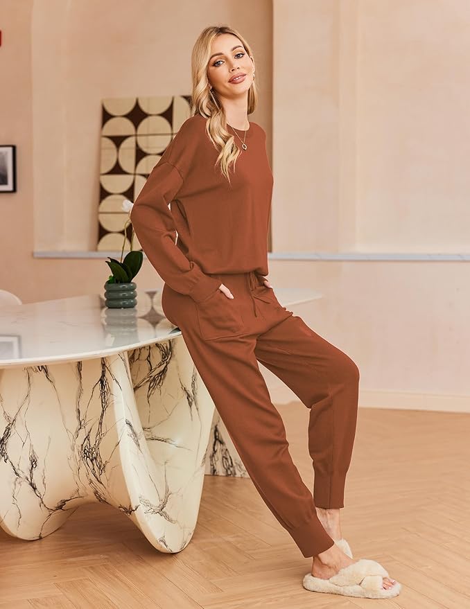 Ekouaer Women's 2 Piece Lounge Set Long Sleeve Knit Pajamas Sweatsuit Jogger Pant Outfits With Pockets S-XXL