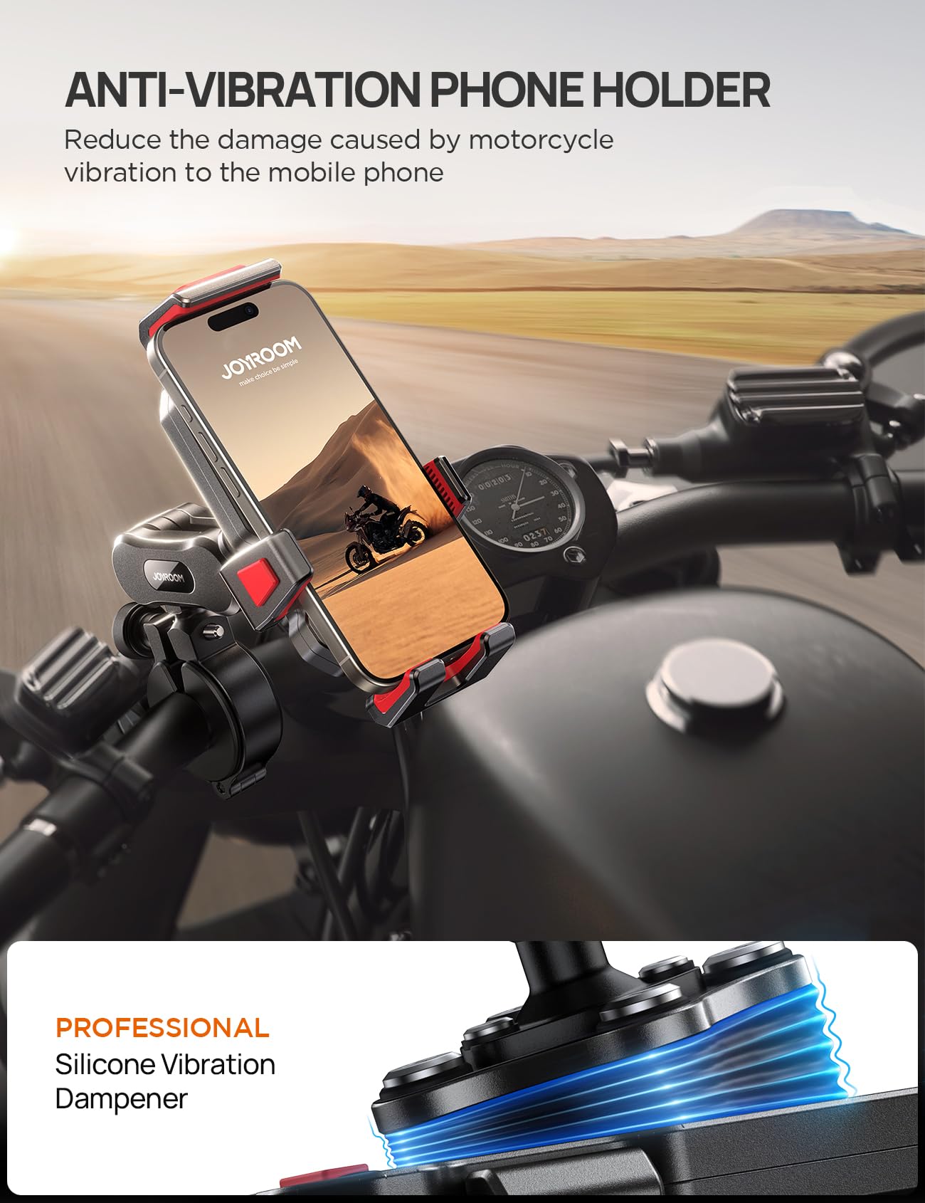 Joyroom Aluminum Alloy Motorcycle Phone Mount With Vibration Dampener, Phone Holder For Harley Bike, Bicycle, Scooter, Atv/Utv,