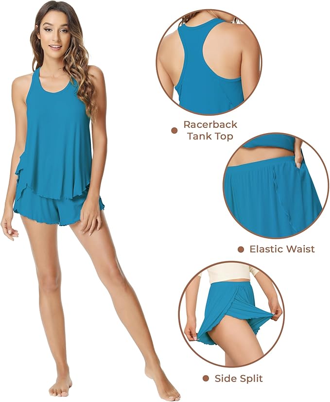NACHILA Pajamas for Women-Viscose from Bamboo, Ribbed Racerback Tank Top Sexy Split Shorts Pajama Sets Cooling Sleep Cami Pjs