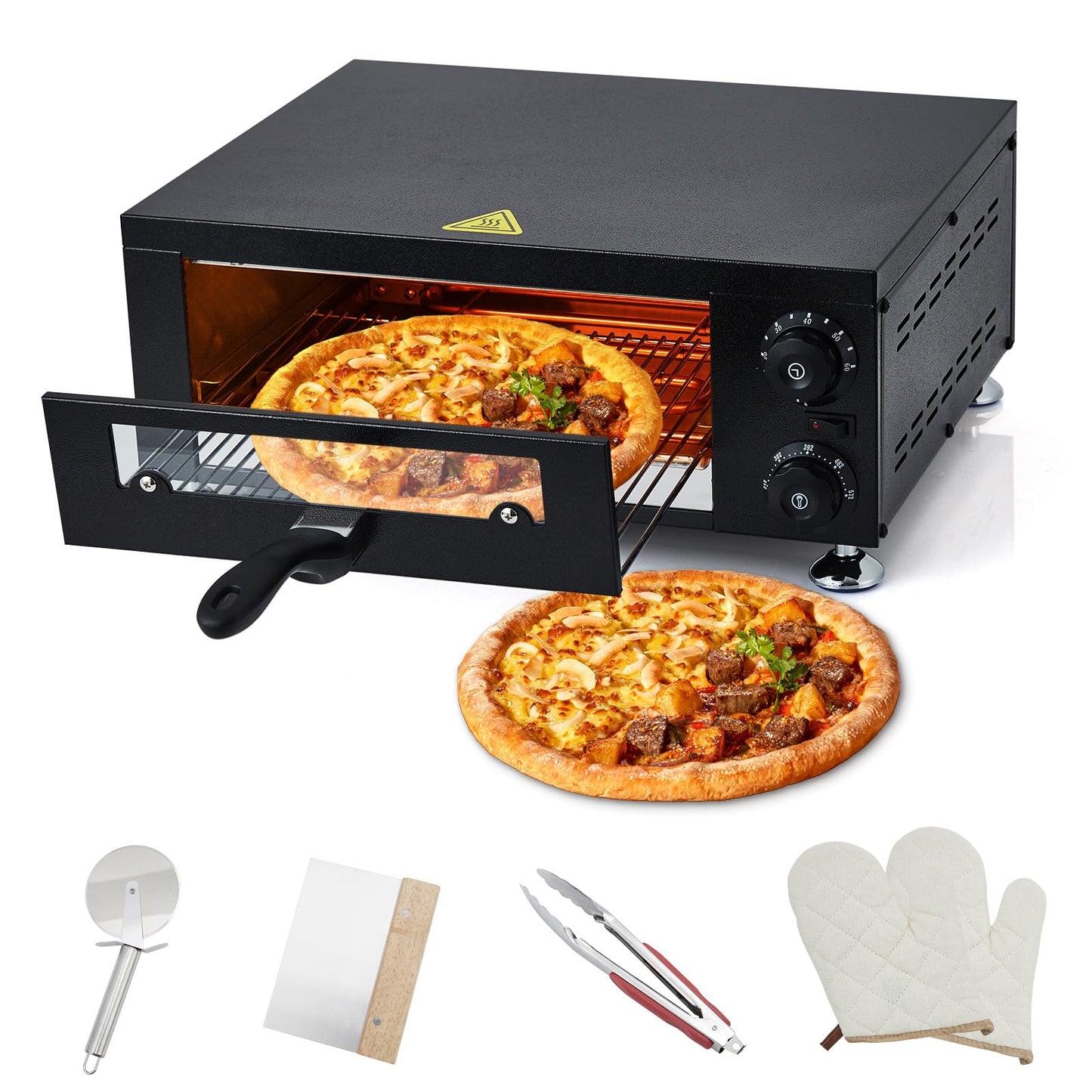 GarveeHome Electric Pizza Oven with Glass Door, 12 in Countertop Pizza Oven with 60 Minutes Timer, Pizza Maker Machine for Home and Commercial with Gloves, Clip & Pizza Roller