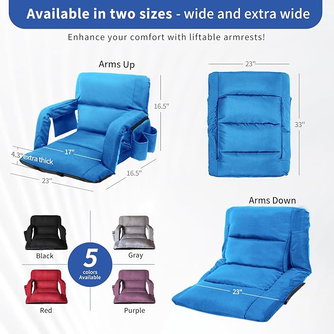 Stadium Seats with Back Support,Wide Stadium Chairs with Back and Cushion, Sofa Style Stadium Seats, 6 Reclining Positions, Extra Thick Bleacher Seat for Sports Events (Blue-1 Pack,Wide |22.5")