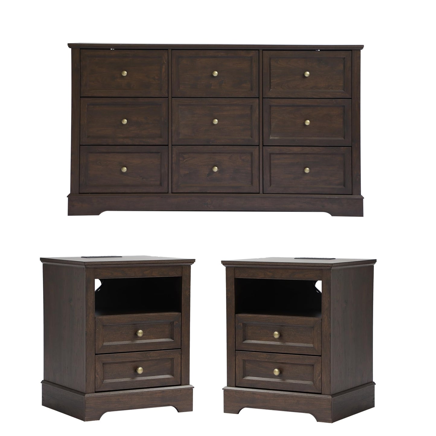 KIGOTY Dressers Bedroom Set of 3, 3 Piece Farmhouse Dresser Set, 9 Drawer Dresser and Nightstand Set of 2 with Charging Station, Bedroom Furniture Set (Brown, 9 Drawer+Nightstand)