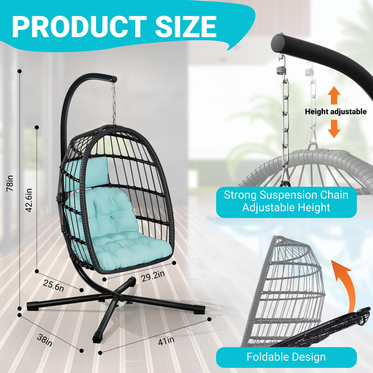 LEVELEVE Egg Chair with Stand,Patio Rattan Wicker Hanging Swing Egg Chair Hammock Chair for Bedroom Porch Garden,Thickened Aluminum Alloy Steel Frame and UV Resistant Cushion,350LBS Capacity