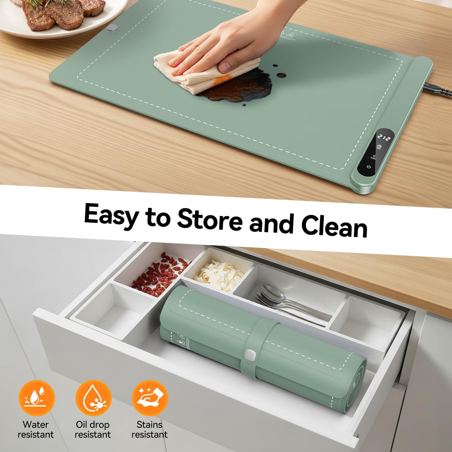 Food Warming Mat for Parties Buffet, Upgrade Graphene Heating Film, Electric Warming Tray with 6 Temp Settings | 6H Timer, Portable Roll Up Food Warming Mat with Heat Insulation, Green, 24x14 inch