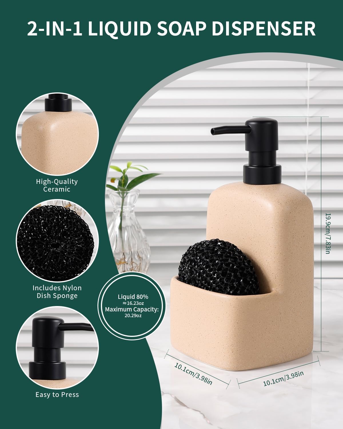 BosilunLife Dish Soap Dispenser - Linen Beige Ceramic Kitchen Soap Dispenser with Sponge Holder Matte Ceramic Soap Daddy Dispenser 20oz for Kitchen Soap Pump and Sponges Caddy