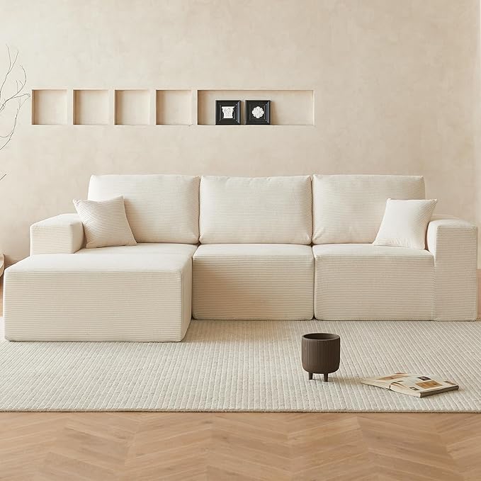 INGEROOM 108" Cloud Sectional Couch with Chaise, Modular L-Shaped Sofa, Deep Seat Comfy Corduroy Memory Foam Couch for Apartments, Dorms or Small Space, No Assembly Required, Beige