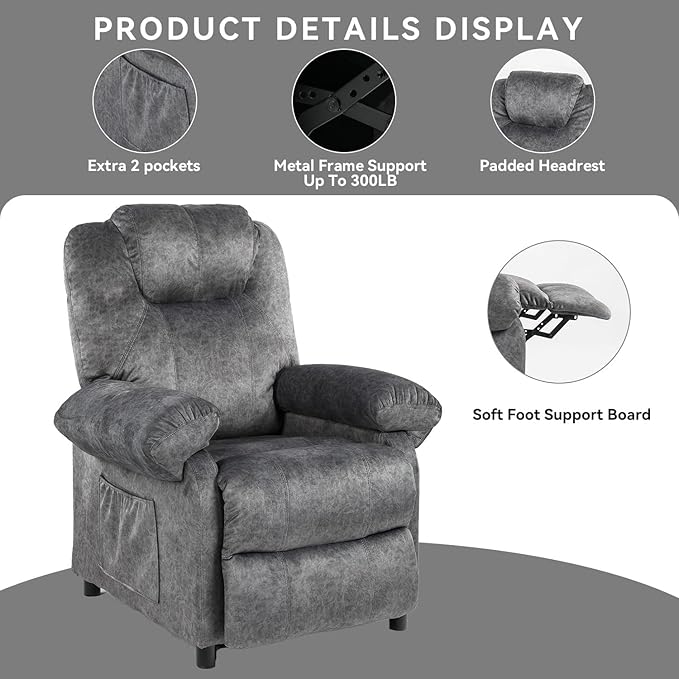 Pushback Massage Recliner Chair with Heat, Fabric Heated Small Massaging Reclining Chair Single Sofa for Adults, Overstuffed Push Back Manual Recliner for Living Room,Grey