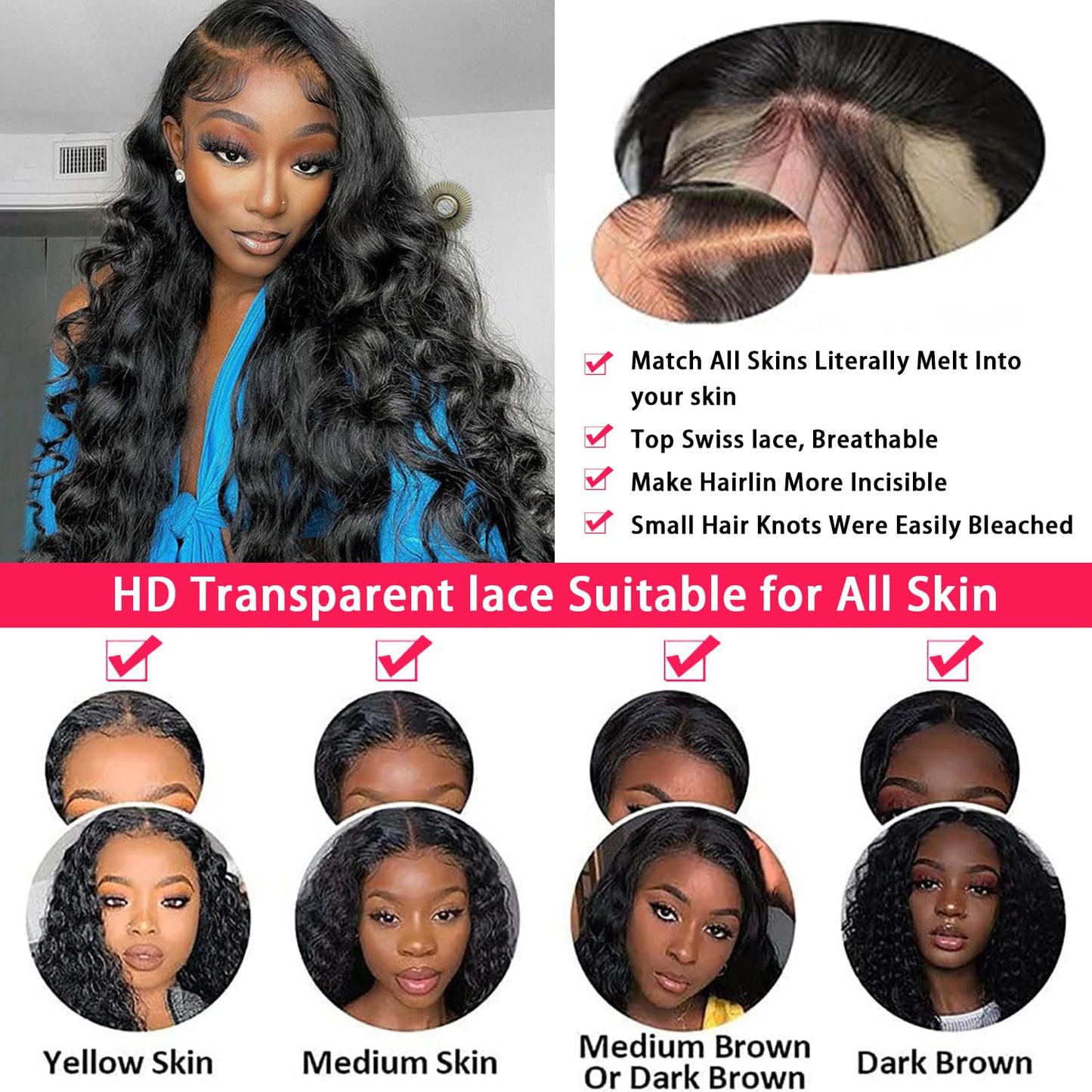 PUNUBO 34 Inch 13x6 Lace Front Wigs Human Hair Body Wave 13x6 HD Lace Frontal Wig 180 Density Unprocessed Brazilian Virgin Human
