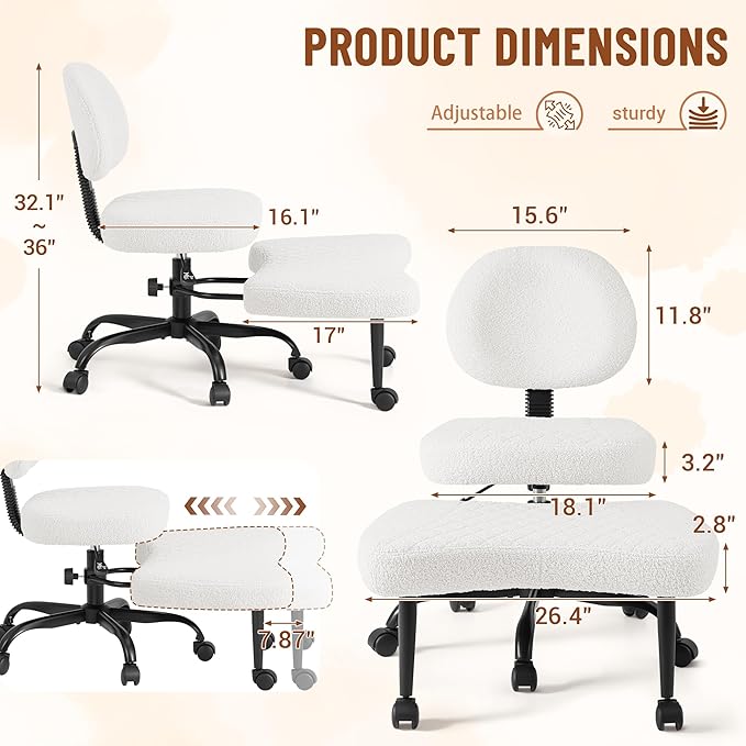 Homall Ergonomic Cross Legged Office Desk Chair with Wheels, 360° Swivel and Adjustable Height for Meditation and ADHD,Criss Cross Kneeling Chair with Lumbar Support (Teddy Fabric, White)