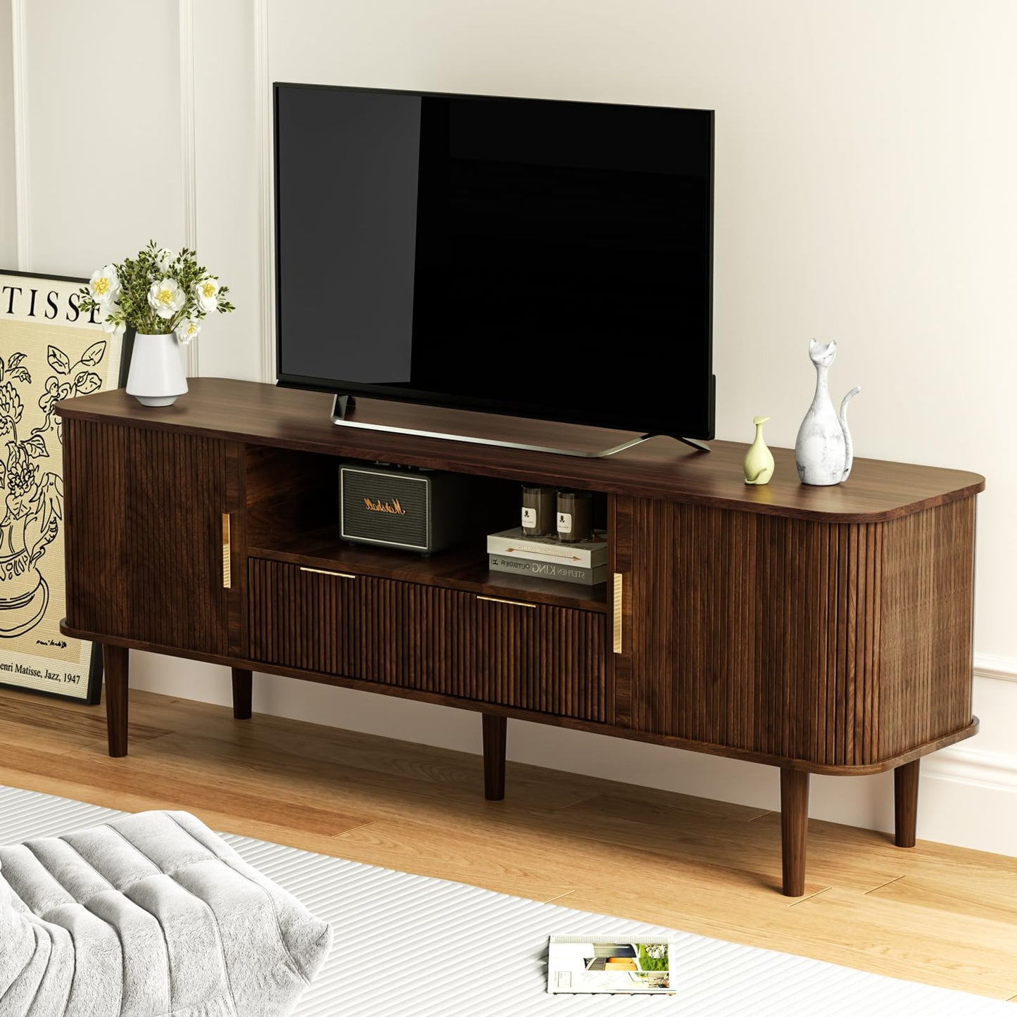 DAMCROP TV Stand 62.4 Inch Mid Century Modern Media Console Table with Drawer Shelves Sliding Tambour Door Farmhouse Sideboard Buffet Cabinet Fits TVs up to 75 inch Fluted Wood Entertainment Center
