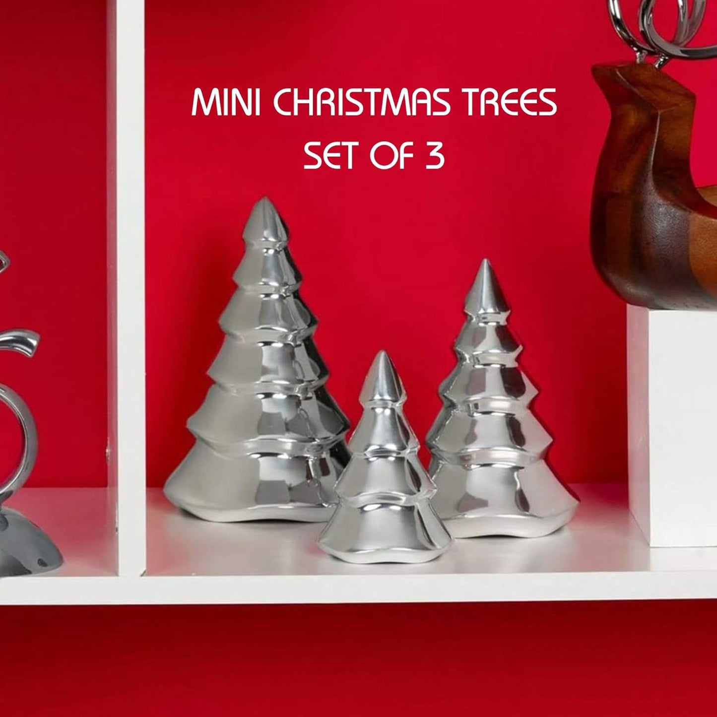 Nambé Holiday Mini Christmas Tree Set – Sculpted Alloy Design with Snowy Accents, Festive Seasonal Decoration for Mantel, Tabletop, or Shelf Display – Three Sizes, Elegant Holiday Collectibles