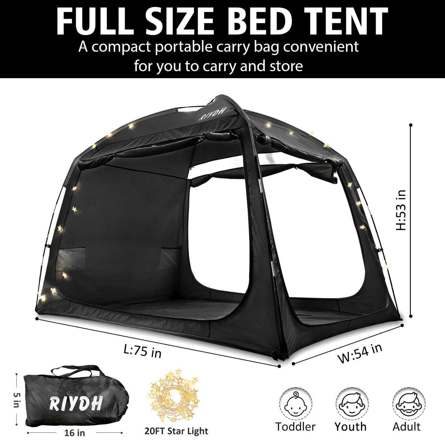 Bed Tent Bed Canopy Breathable 100% for Adult and Kids- Original Design Light Reduction 93% Sleeping Dream Tents Indoor Portable Big Space with String Light 3 Doors Twin Full Queen King Size
