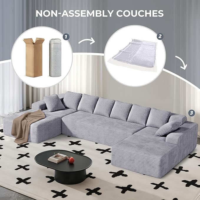 131'' U Shaped Sectional Couches with Chaise Lounge, No Assembly Required Deep Seat Modular Cloud Sofa for Living Room 1PCS, Bedroom(Light Gray)
