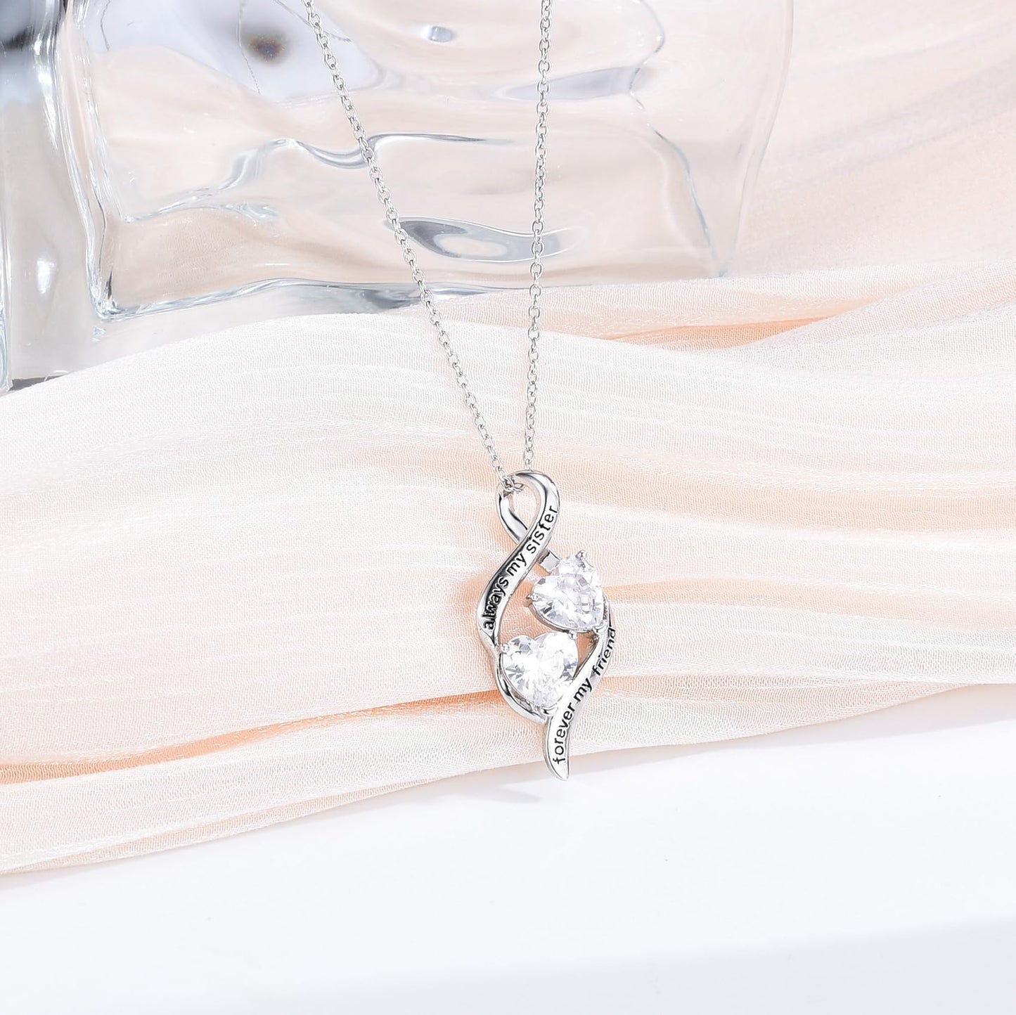 PODLEV Sister Gifts from Sisters Brother, Silver Infinity Double Heart Cubic Zirconia Pendant Charm Necklace for Gifts Women, Birthday Anniversary Graduation Christmas Jewelry Present To My Sister