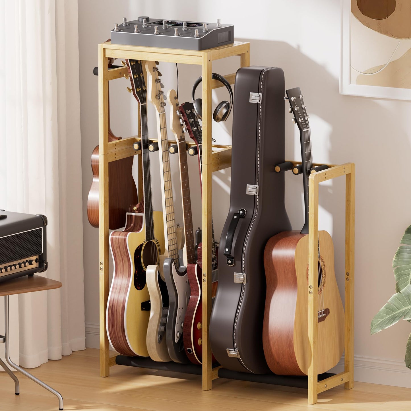 Amazer Guitar Stand, Guitar Rack For Acoustic, Bass, Electric Guitar, Multi Guitar Display Stand Adjustable Bamboo Guitars Holde