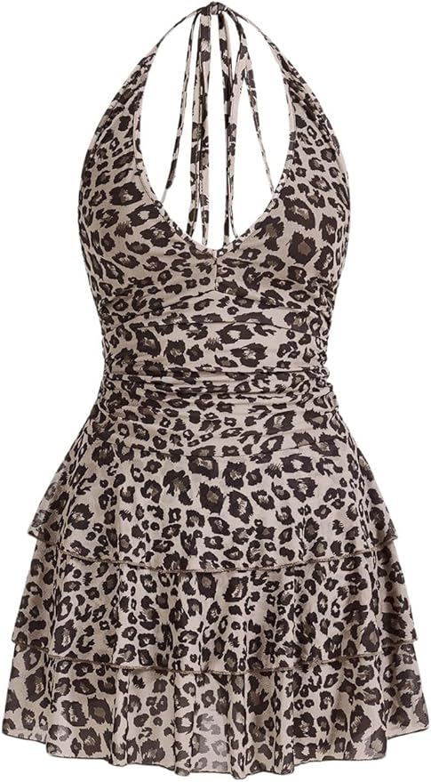 WDIRARA Women's Y2k Leopard Print Halter Dress Tie Backless Layered Ruffle Hem Mini Dresses Cheetah Mesh Dress