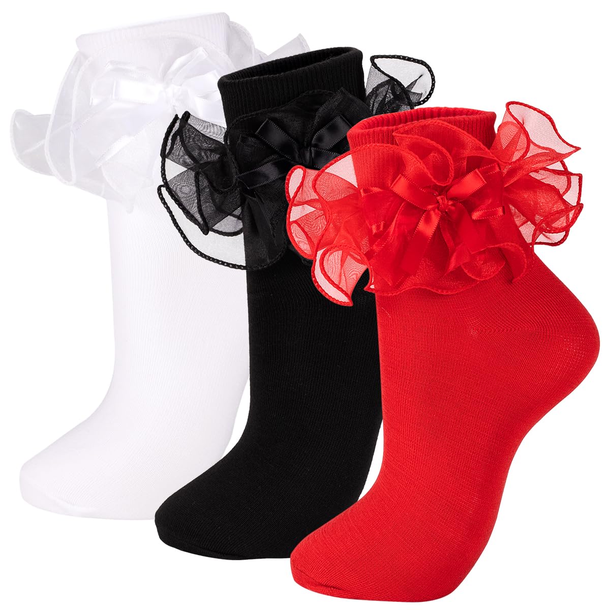 NiceBaby Women's Big Ruffle Socks Double Lace with Bows (White Black Red, Size 9-11)