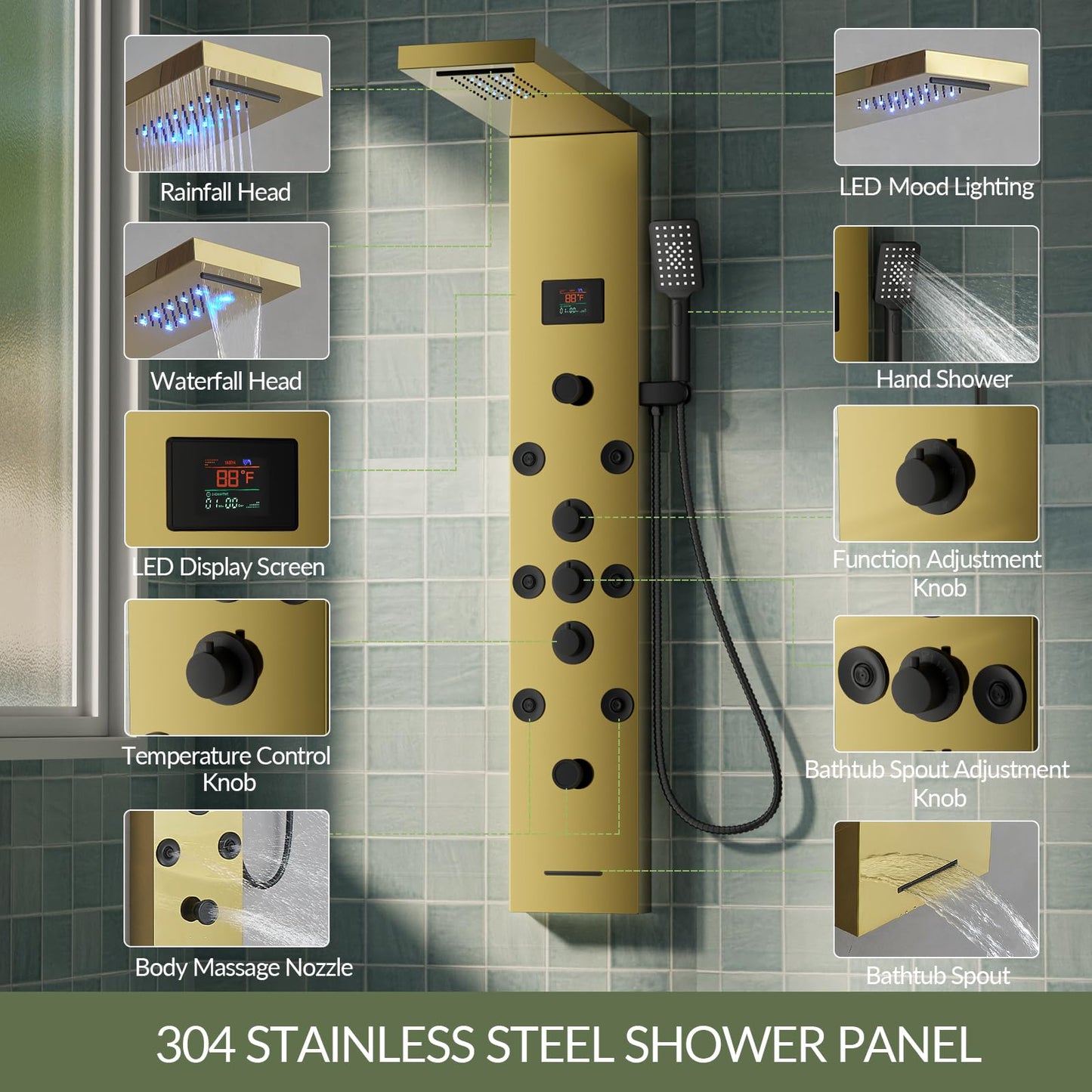 BATHLAVISH Shower Panel Tower System Stainless Steel LED Rainfall Waterfall Shower Head 5-Function Faucet Rain Massage System Wall Mount with 8 Body Jets, Handheld, and Tub Spout, Gold