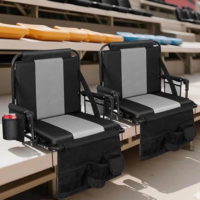 Romswi Folding Stadium Seat Bleacher 2PK Portable Outdoor Floor Folding Stadium Chair with Armrest,Back Support,Cup Holder,Mesh Bag and Hide Hooks
