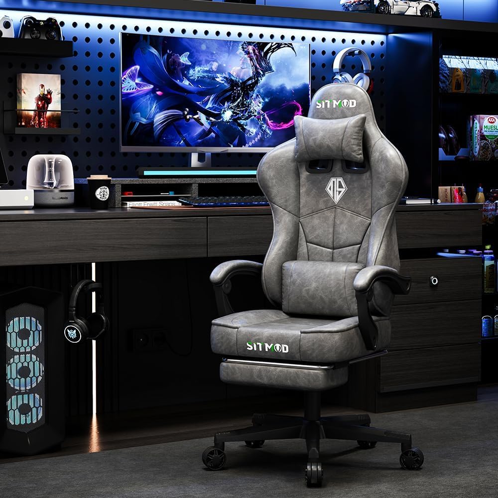 Gaming Chair with Footrest- Ergonomic Gaming Chairs for Adults, Heavy Duty Big and Tall Computer Chair with Reclining Back, Lumbar Support Headrest, Comfortable Gamer Chair for Game Office Silla Gamer