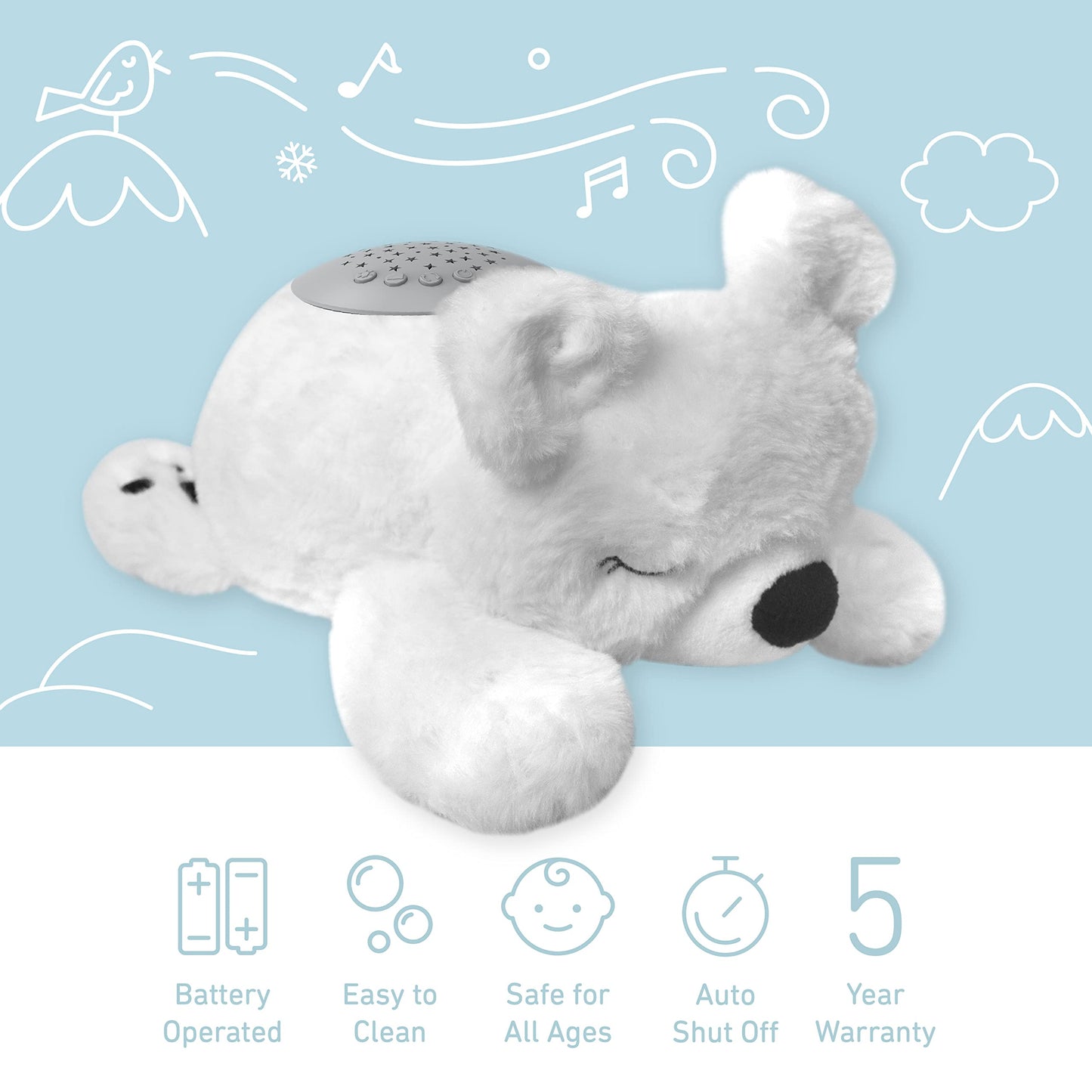 PureBaby Sound Sleepers Portable Sound Machine & Star Projector - Plush Sleep Aid for Baby and Toddlers with Soothing Night Light Display, 10 Lullabies, White Noise, and Heartbeat Sounds (Polar Bear)