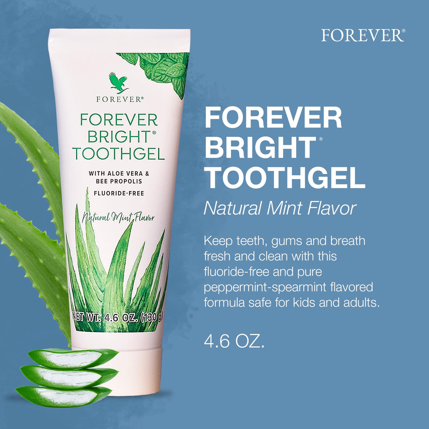 Forever Living - Bright Toothgel, Fluoride-Free Aloe Vera Gel with Bee Propolis, Peppermint-Spearmint Flavor, 4.6 oz, 2 Pack
