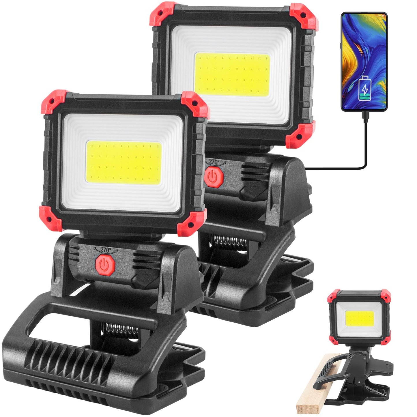 Tresda LED Rechargeable Work Light with Clamp, 2Pack 2100LM COB Magnetic Work Light with 3 Light Modes, 270° & 180° Rotation, Waterproof, Perfect for BBQ, Jobsite, Workshop, Car Repairing