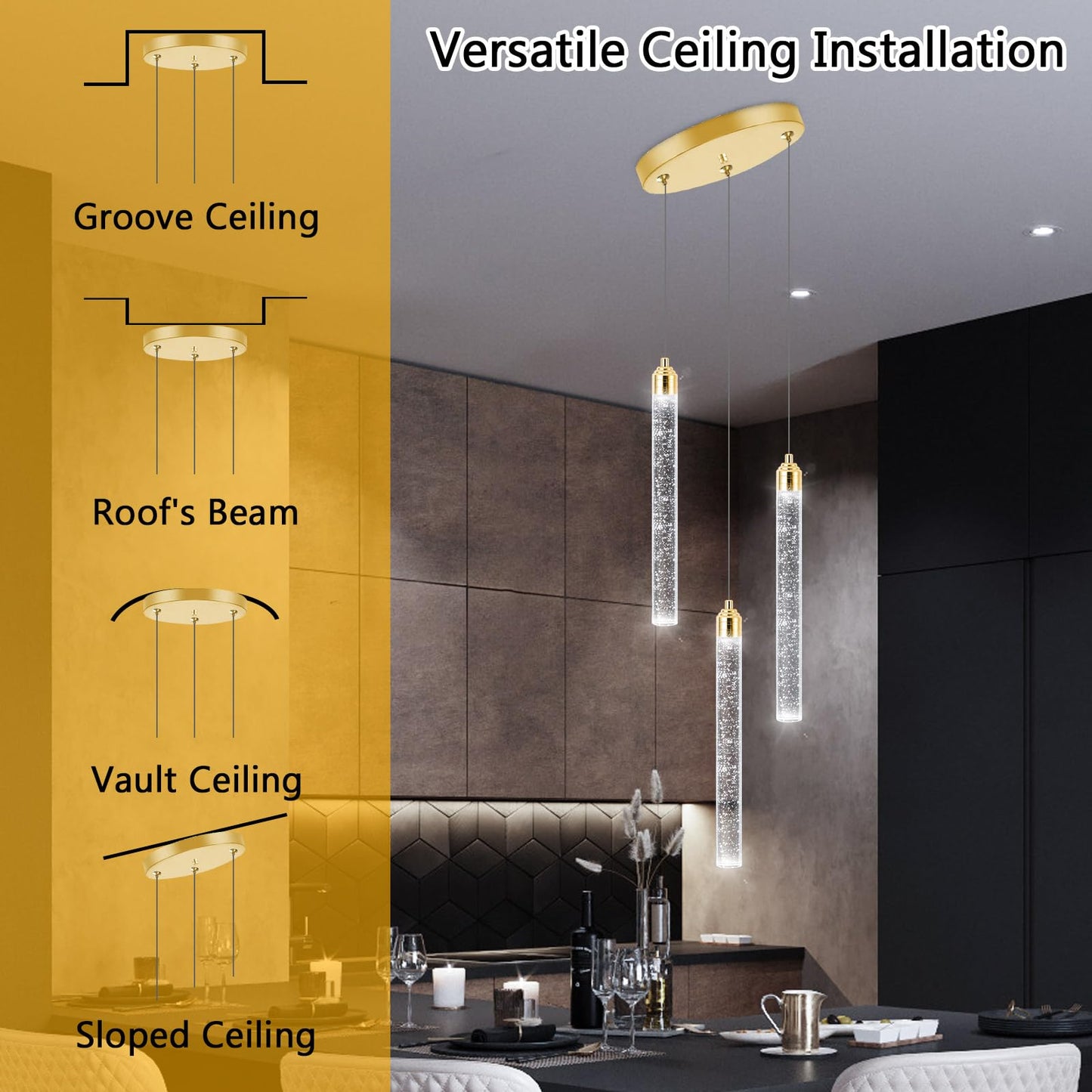 Pendant Lights Kitchen Island Mini Chandelier Gold Pendant Light Crystal Light fixtures Adjustable Hanging Ceiling Hanging Lights Bubble Mini Crystal Ceiling Light for Dining Room Bedroom 2700K 6000K