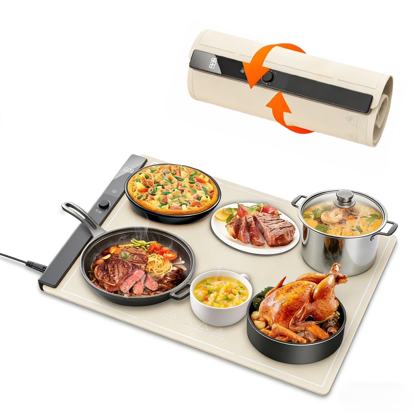 Food Warming Mat 24"x16", Electric Warming Tray with 6 Level Adjustable Temperature, Heating Fastly in 10s, Timed Function & Kids Lock, Portable Roll-Up Mat for Family Gatherings, Buffets and Parties