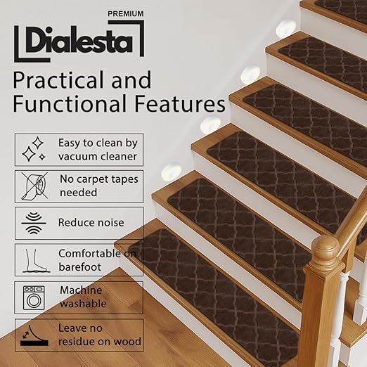 Stair Treads for Wooden Steps Indoor, Includes 15 Non-Slip Carpet Mat 8x30in with 5 Motion Sensor Lamps, Peel & Stick Carpet Stair Treads,Safety Stair Rugs for Kids, Elderly and Pets (Coffee)