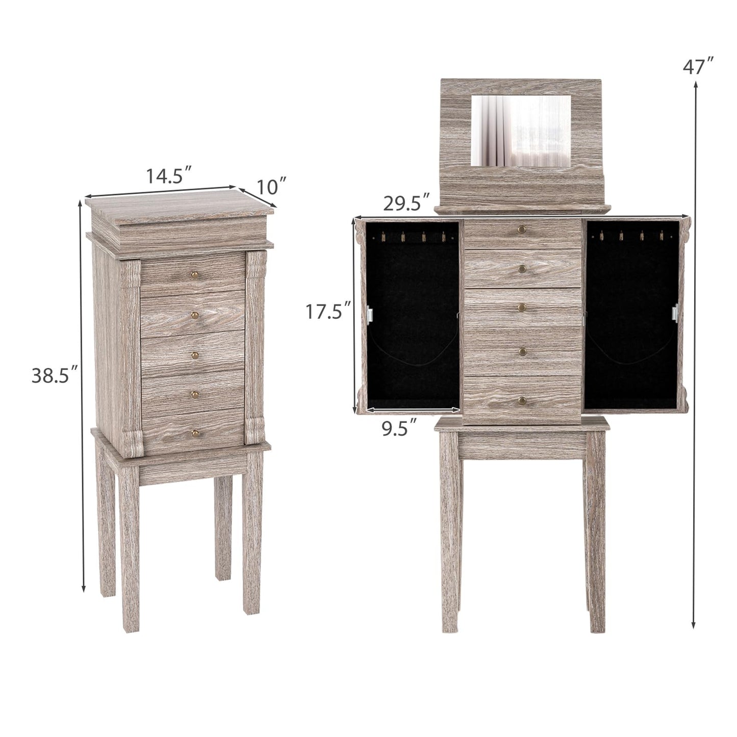 COSTWAY Standing Jewelry Armoire Cabinet, Wooden Jewelry Storage Chest with 5 Drawers, 2 Side Doors & Flip Top Mirror, Jewelry Cabinet with Top Divided Compartments for Women, Girls, Grey