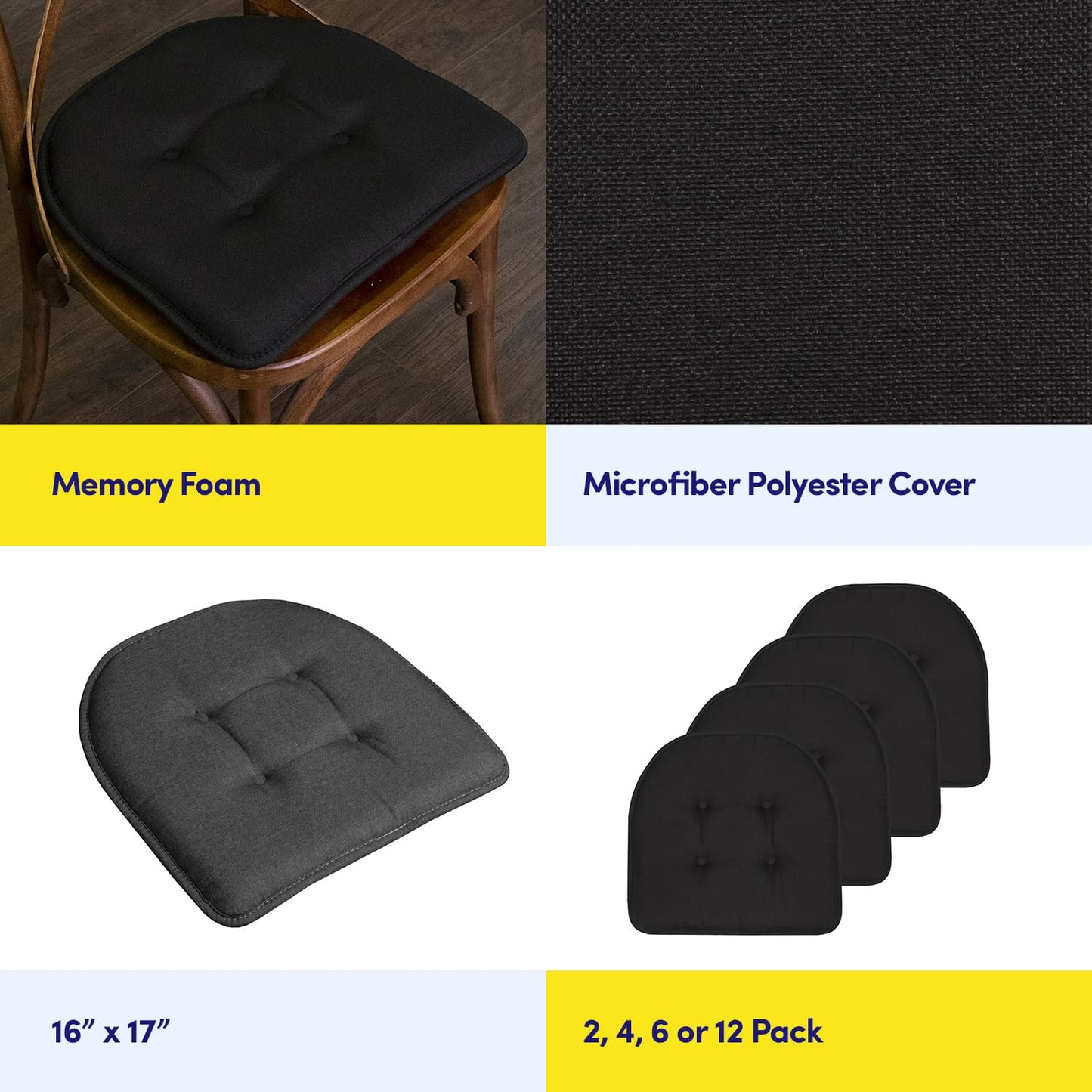 Sweet Home Collection Chair Cushion Memory Foam Pads Tufted Slip Non Skid Rubber Back U-Shaped 17" x 16" Seat Cover, 12 Count (Pack of 1), Black