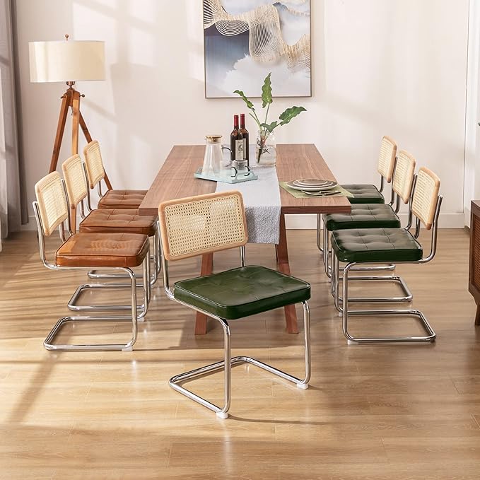 Zesthouse Natural Rattan Dining Chairs Set of 6, Modern Dining Room Chairs with Solid Wood Back for Kitchen Living Room, Mid Century Breuer Design Inspired, Upholstered Faux Leather Green