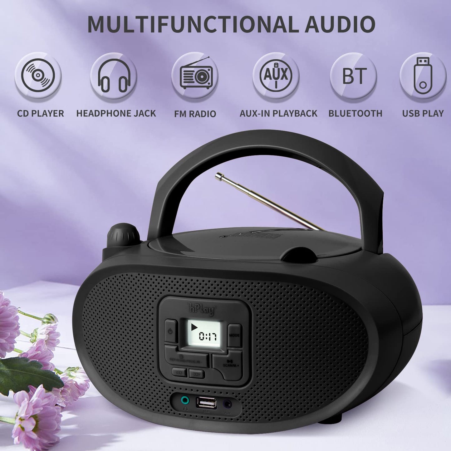 Hplay Gummy Gc04B Portable Cd Player Boombox With Digital Tunning Fm Stereo Radio Kids Cd Player Bluetooth Usb Lcd Display, Fron
