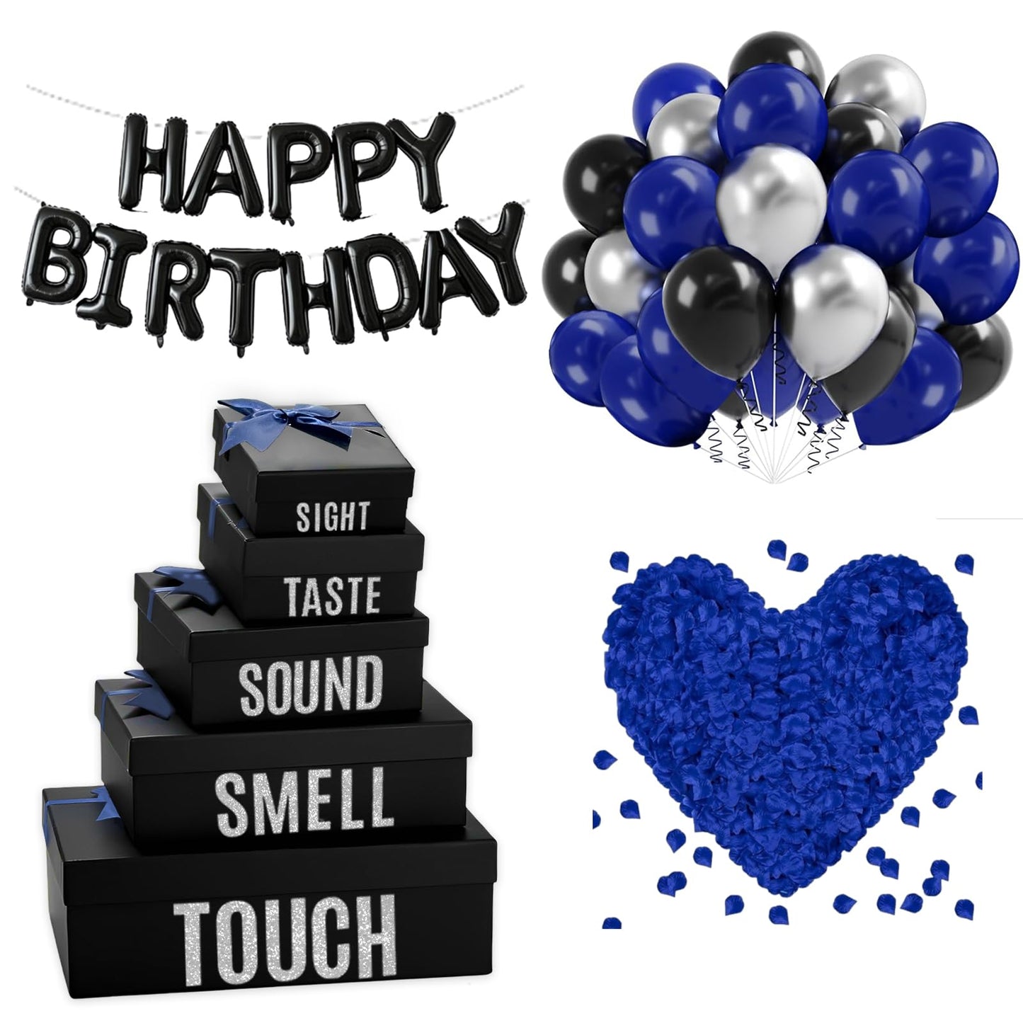 5 Senses Gift Boxes for Him Five Senses Gift Birthday Decorations Black Nesting Gift Boxes With Lids Happy Birthday Banner Balloon for Husband Boyfriend (Blue black)
