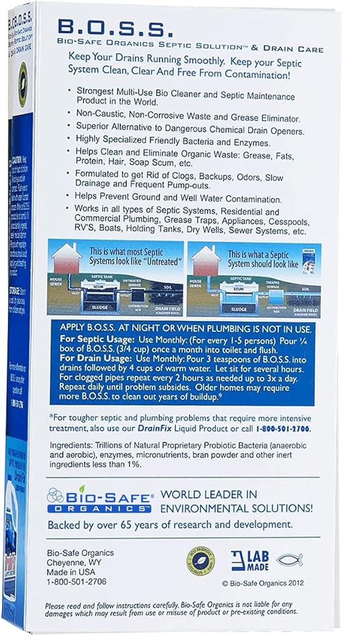 Bio-Safe Organics - Septic Tank Shock - Small Combo Drainfix & Small BOSS package - Patented Exxon Valdez Septic Tank Treatment - Septic Maintenance