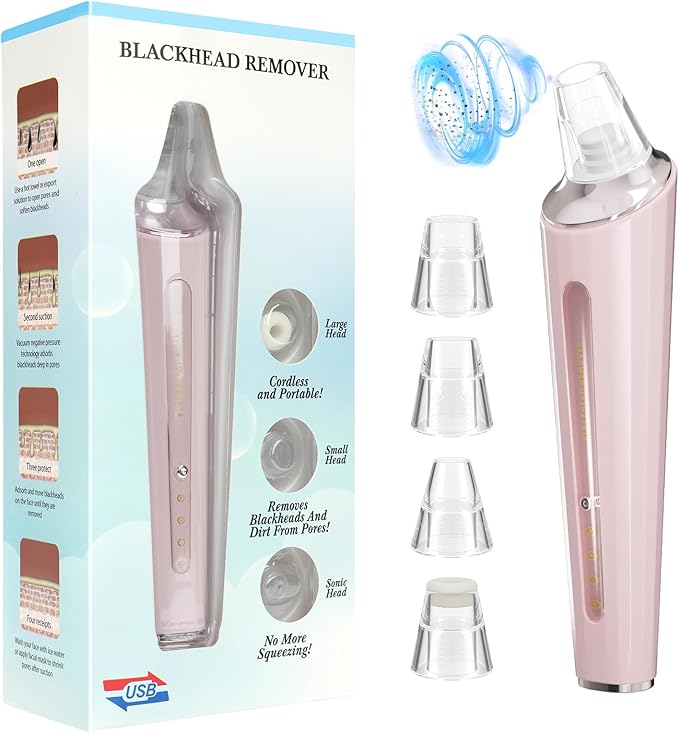 Blackhead Remover Vacuum, Pore Cleaner Blackhead Extractor, Pore Vacuum with 3 Adjustable Suction Levels & 4 Probes, USB Rechargeable Blackhead Remover Tools for Face & Nose (Pink)