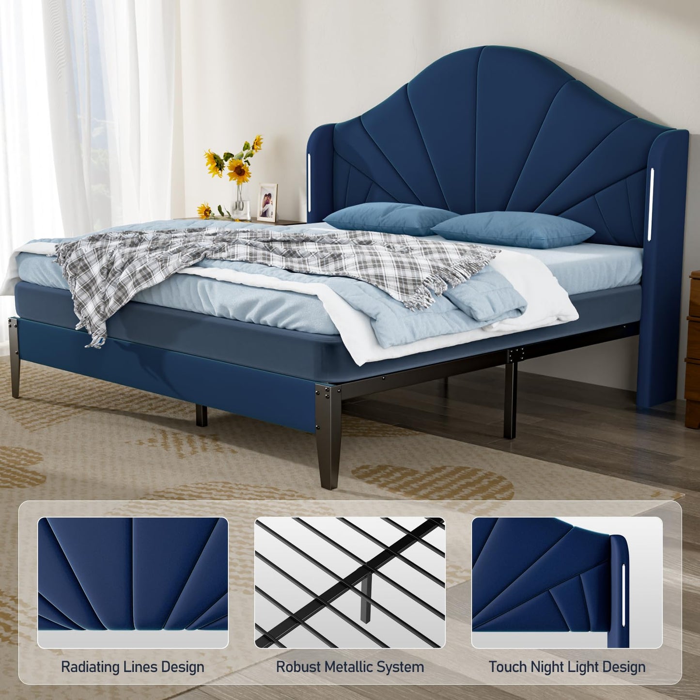 LegacyAmerhome Queen Size Bed Frame with Headboard Touch LED Lights, Wingback Upholstered Platform Bed Queen Size Modern Design No Box Spring, Easy Assembly Contemporary Sleep Solution, Velvet Blue