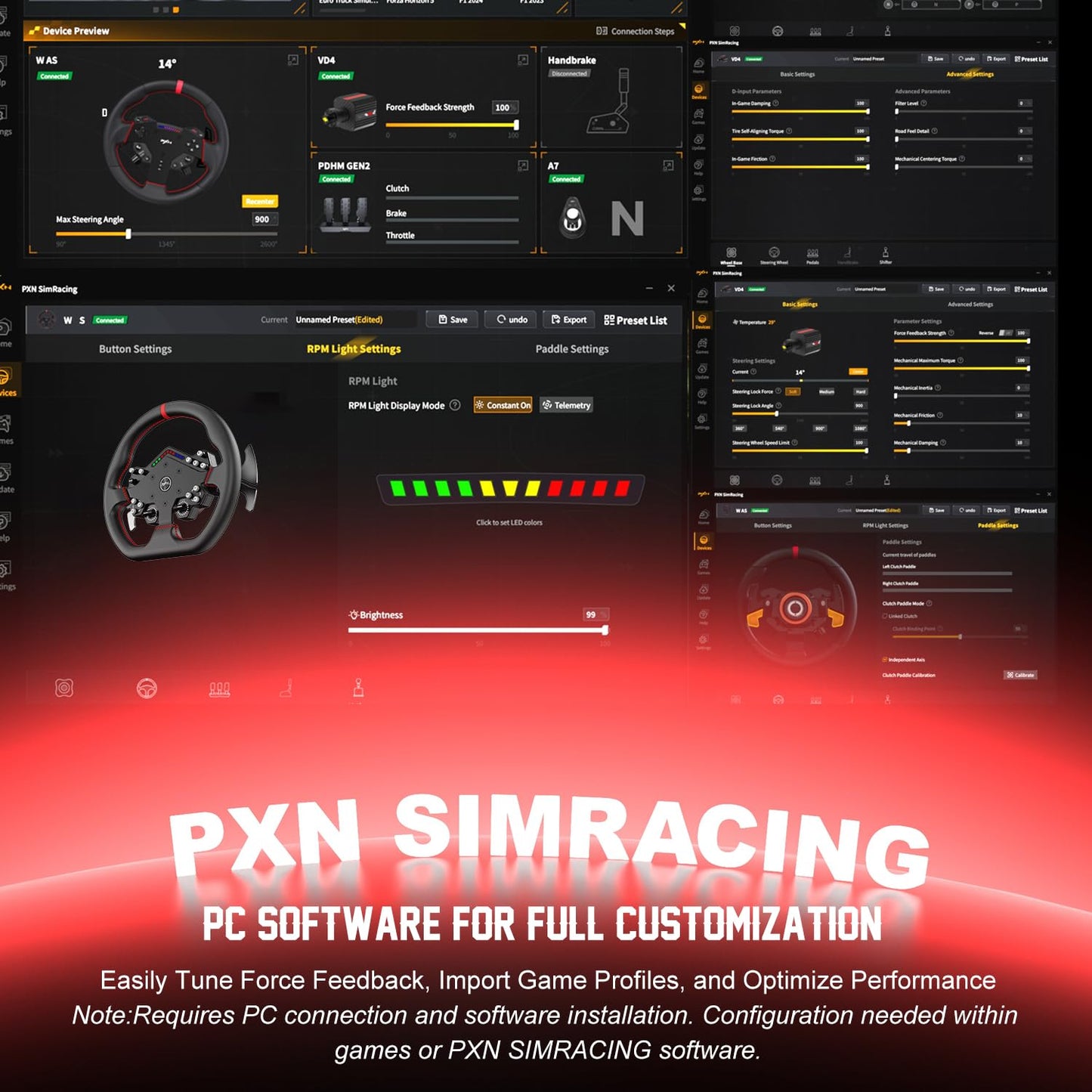PXN W DS R2 Gaming Racing Wheel – Quick Release, 4 Paddle Shifters, Dynamic RGB Rev Lights, Microfiber Leather Grip, 11.8-Inch PC Steering Wheel, Compatible with VD4 / VD6 / VD10 Direct Drive Bases